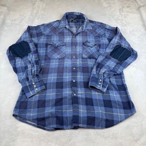 Dickies Flannel Shirt Blue Plaid Western Style‎ Long Sleeve Elbow Patch Large